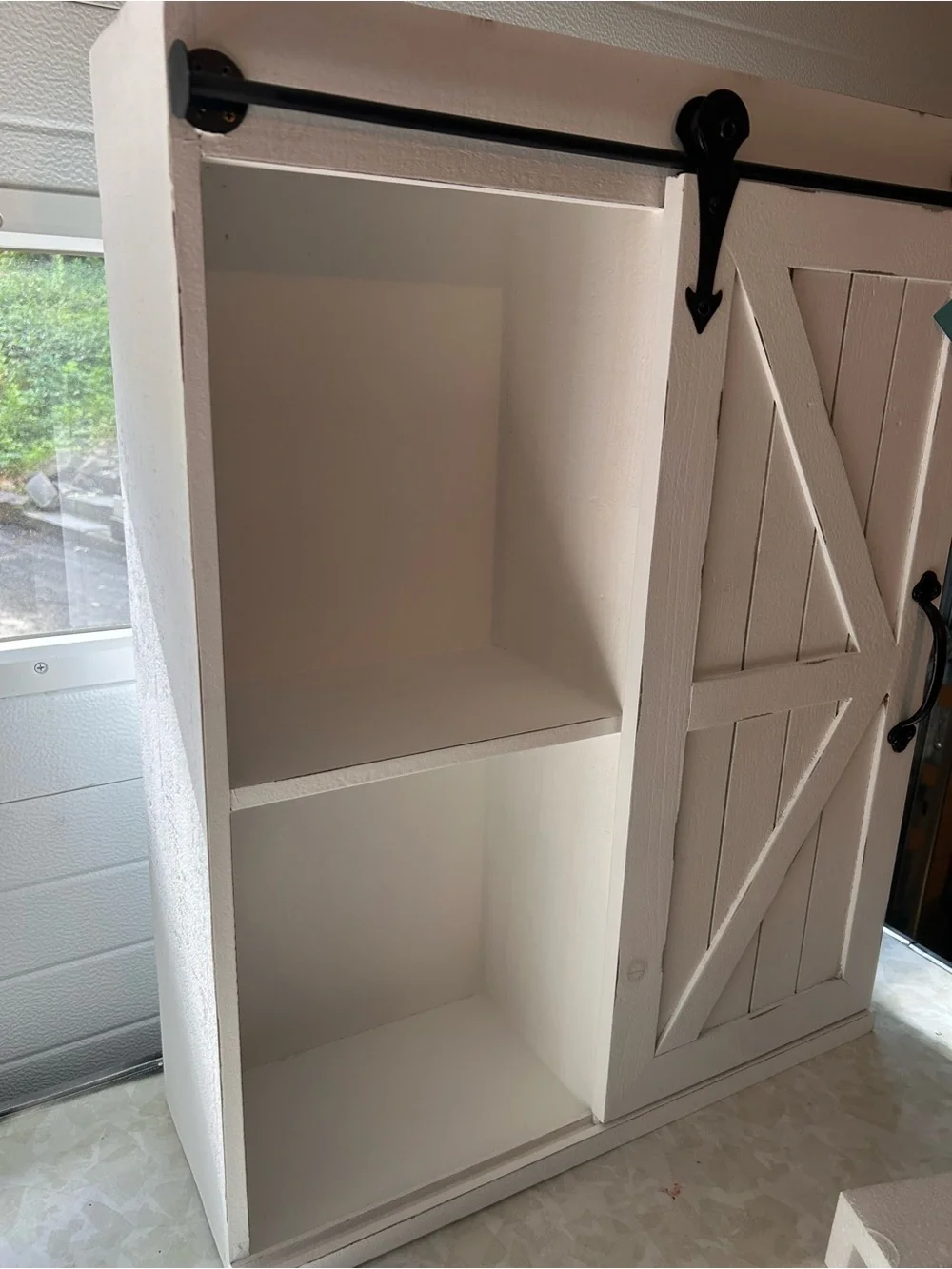 Kate and Laurel White Barn Door Bathroom Shelf with Black Hardware